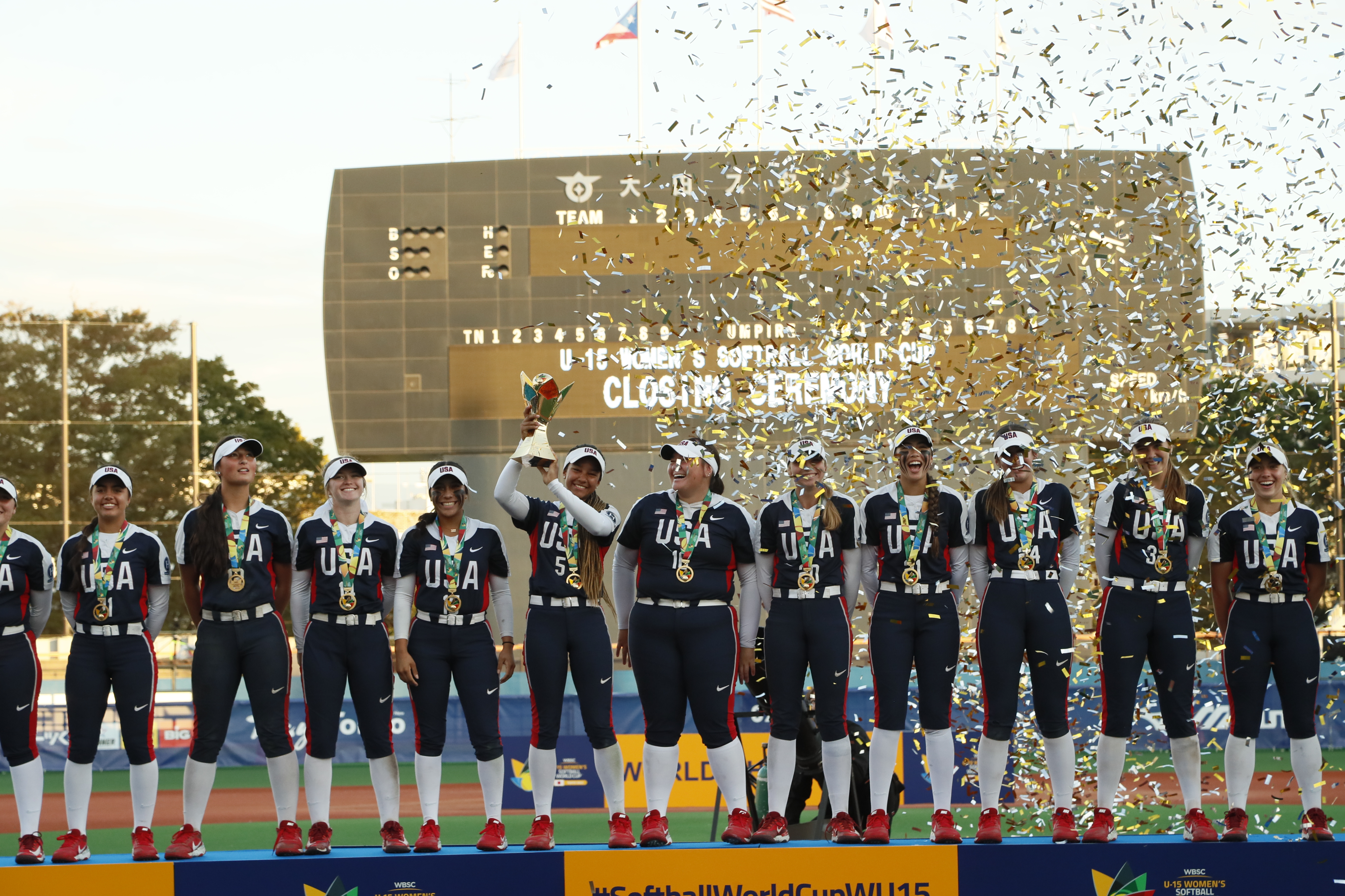 Staats, third from left, celebrates Team USA's championship win. Photo credit: WBSC.